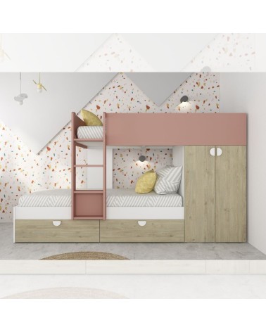 Cameretta con letto a castello con cassettoni e armadio reversibile colore rovere e rosa antico