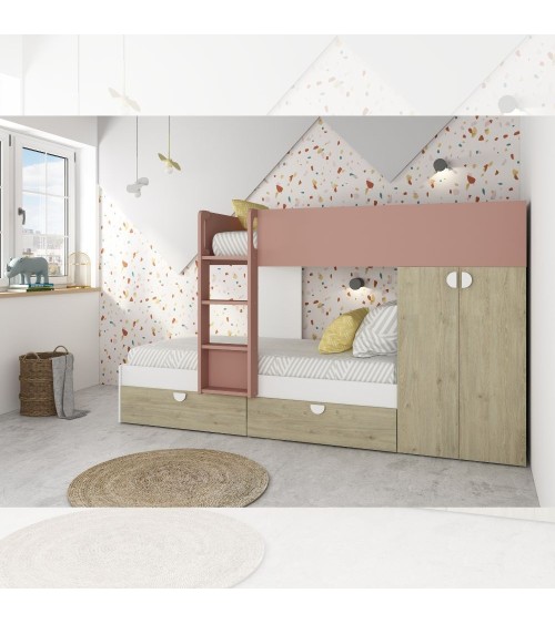 Cameretta con letto a castello con cassettoni e armadio reversibile colore rovere e rosa antico
