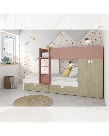 Cameretta con letto a castello con cassettoni e armadio reversibile colore rovere e rosa antico