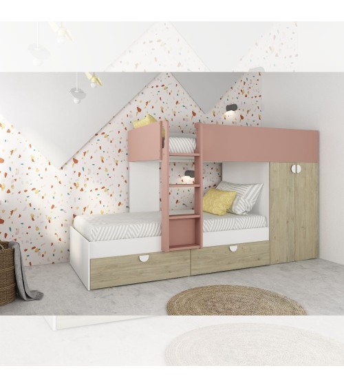 Cameretta con letto a castello con cassettoni e armadio reversibile colore rovere e rosa antico