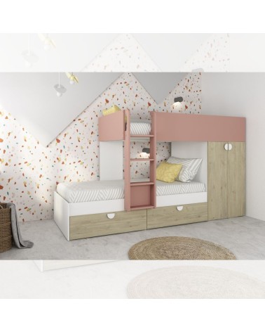 Cameretta con letto a castello con cassettoni e armadio reversibile colore rovere e rosa antico