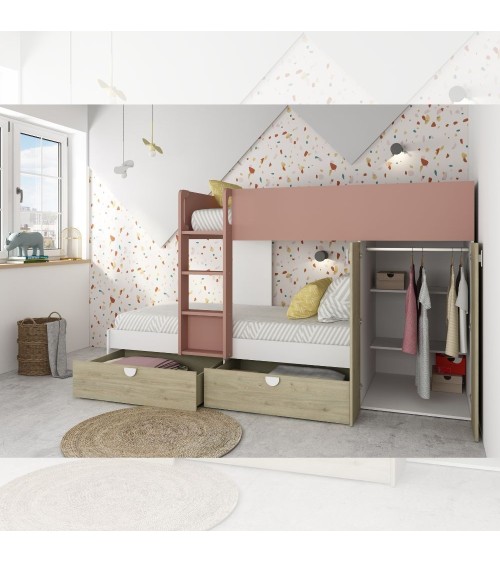 Cameretta con letto a castello con cassettoni e armadio reversibile colore rovere e rosa antico
