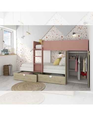 Cameretta con letto a castello con cassettoni e armadio reversibile colore rovere e rosa antico