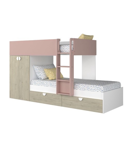 Cameretta con letto a castello con cassettoni e armadio reversibile colore rovere e rosa antico
