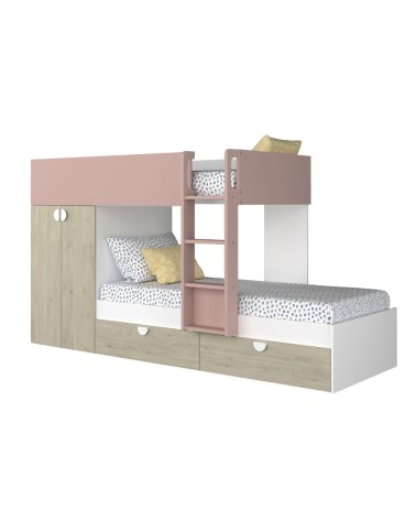 Cameretta con letto a castello con cassettoni e armadio reversibile colore rovere e rosa antico