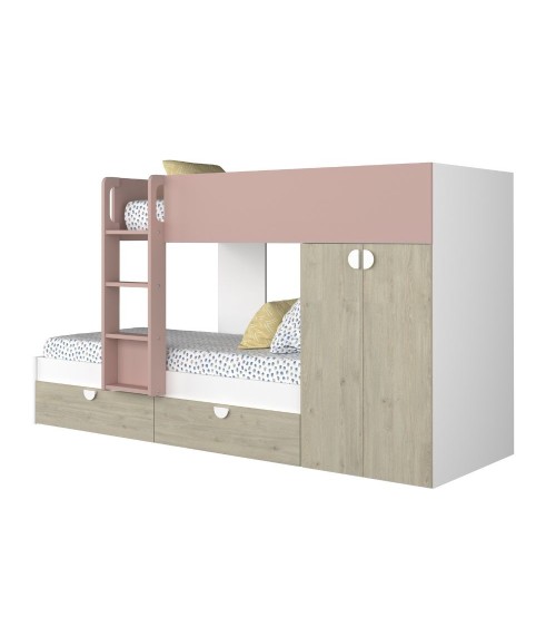 Cameretta con letto a castello con cassettoni e armadio reversibile colore rovere e rosa antico