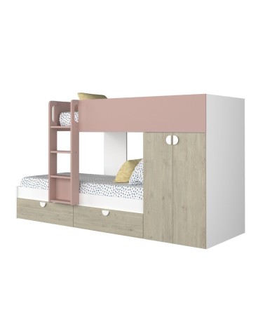 Cameretta con letto a castello con cassettoni e armadio reversibile colore rovere e rosa antico