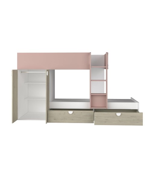 Cameretta con letto a castello con cassettoni e armadio reversibile colore rovere e rosa antico