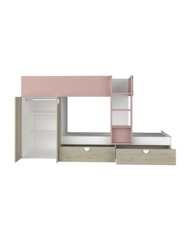 Cameretta con letto a castello con cassettoni e armadio reversibile colore rovere e rosa antico