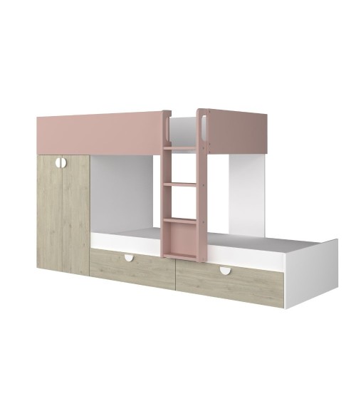 Cameretta con letto a castello con cassettoni e armadio reversibile colore rovere e rosa antico