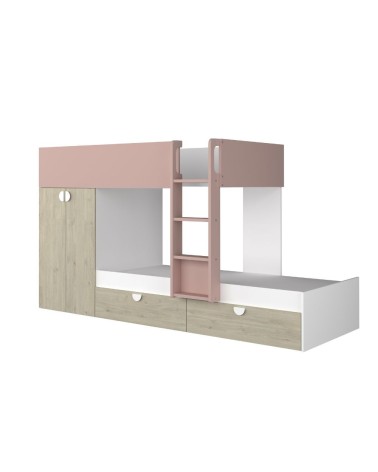 Cameretta con letto a castello con cassettoni e armadio reversibile colore rovere e rosa antico