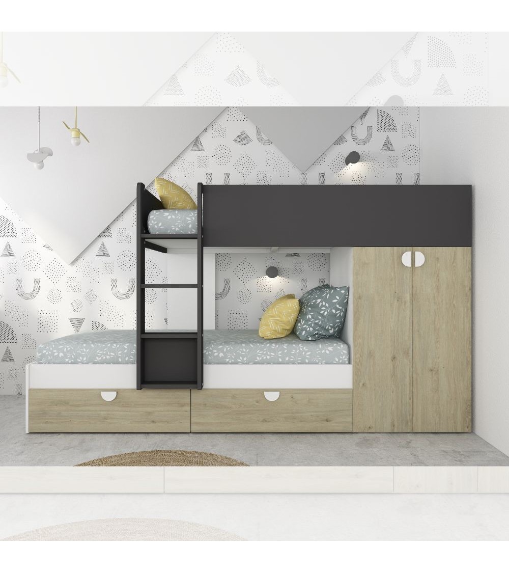 Cameretta con letto a castello con cassettoni e armadio reversibile colore rovere e antracite