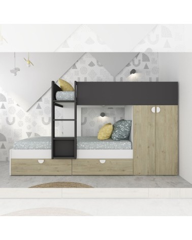 Cameretta con letto a castello con cassettoni e armadio reversibile colore rovere e antracite