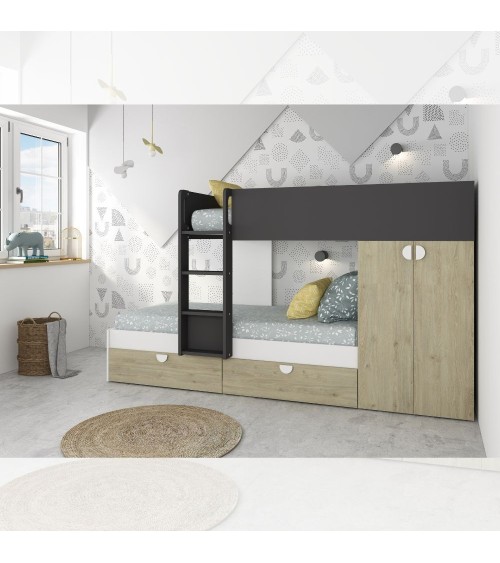 Cameretta con letto a castello con cassettoni e armadio reversibile colore rovere e antracite