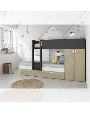 Cameretta con letto a castello con cassettoni e armadio reversibile colore rovere e antracite