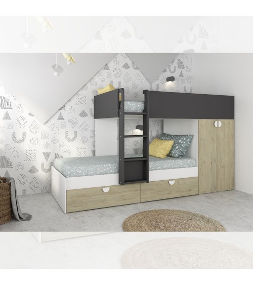 Cameretta con letto a castello con cassettoni e armadio reversibile colore rovere e antracite