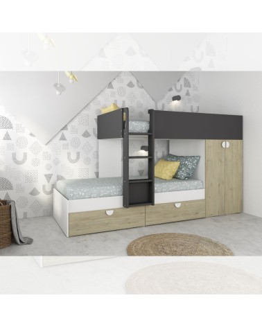 Cameretta con letto a castello con cassettoni e armadio reversibile colore rovere e antracite
