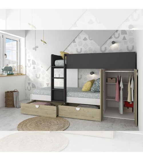 Cameretta con letto a castello con cassettoni e armadio reversibile colore rovere e antracite