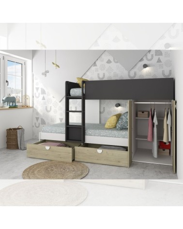 Cameretta con letto a castello con cassettoni e armadio reversibile colore rovere e antracite