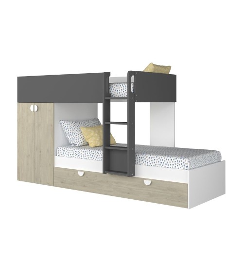 Cameretta con letto a castello con cassettoni e armadio reversibile colore rovere e antracite