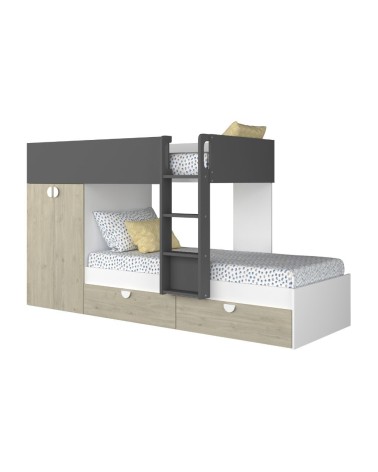 Cameretta con letto a castello con cassettoni e armadio reversibile colore rovere e antracite