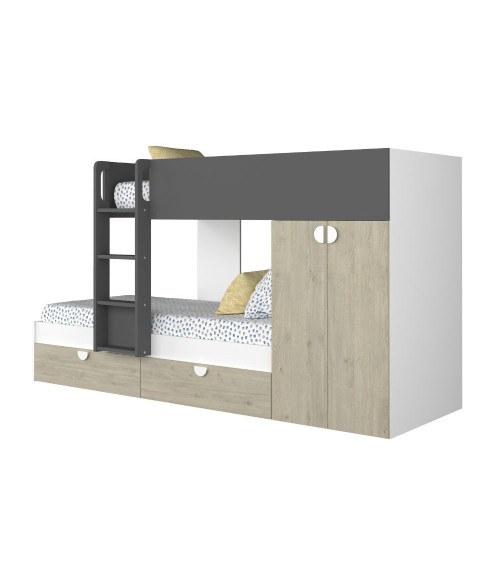 Cameretta con letto a castello con cassettoni e armadio reversibile colore rovere e antracite