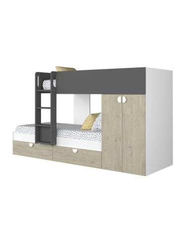 Cameretta con letto a castello con cassettoni e armadio reversibile colore rovere e antracite