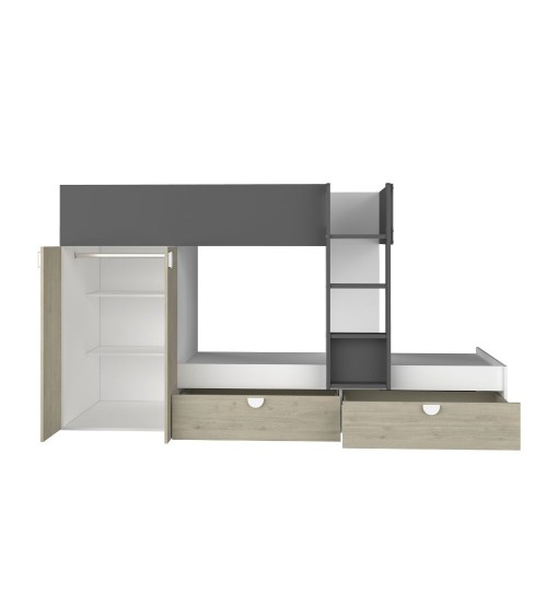 Cameretta con letto a castello con cassettoni e armadio reversibile colore rovere e antracite