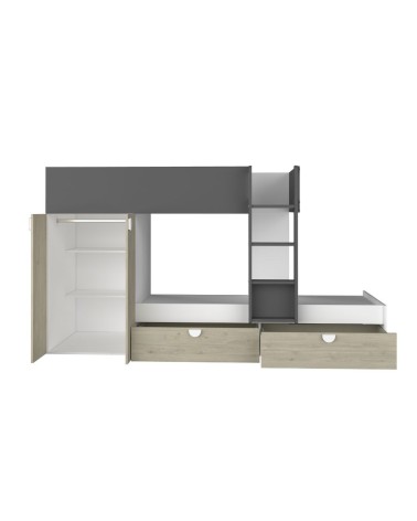 Cameretta con letto a castello con cassettoni e armadio reversibile colore rovere e antracite