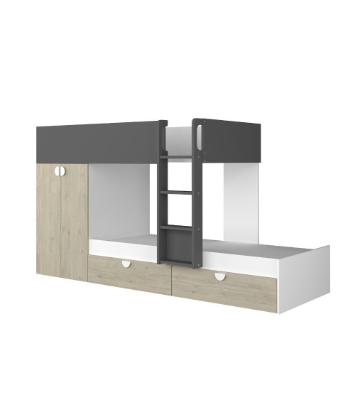 Cameretta con letto a castello con cassettoni e armadio reversibile colore rovere e antracite
