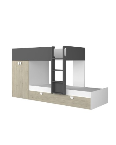 Cameretta con letto a castello con cassettoni e armadio reversibile colore rovere e antracite