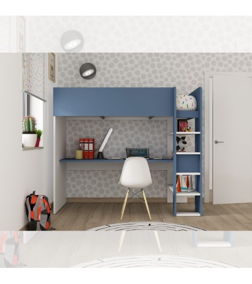 Cameretta 2276 con letto a soppalco con scrivania sottostante colore bianco e azzurro