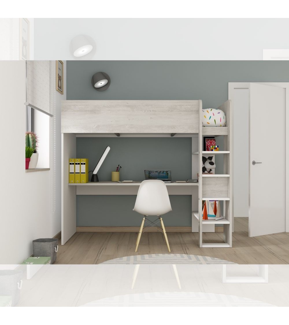 Cameretta 2278 con letto a soppalco con scrivania sottostante colore bianco e bianco consumato