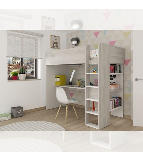 Cameretta 2278 con letto a soppalco con scrivania sottostante colore bianco e bianco consumato