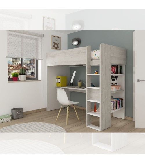 Cameretta 2278 con letto a soppalco con scrivania sottostante colore bianco e bianco consumato