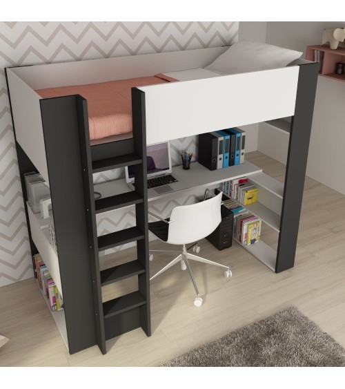 Cameretta 1651 con letto a soppalco e scrivania sottostante colore bianco e antracite
