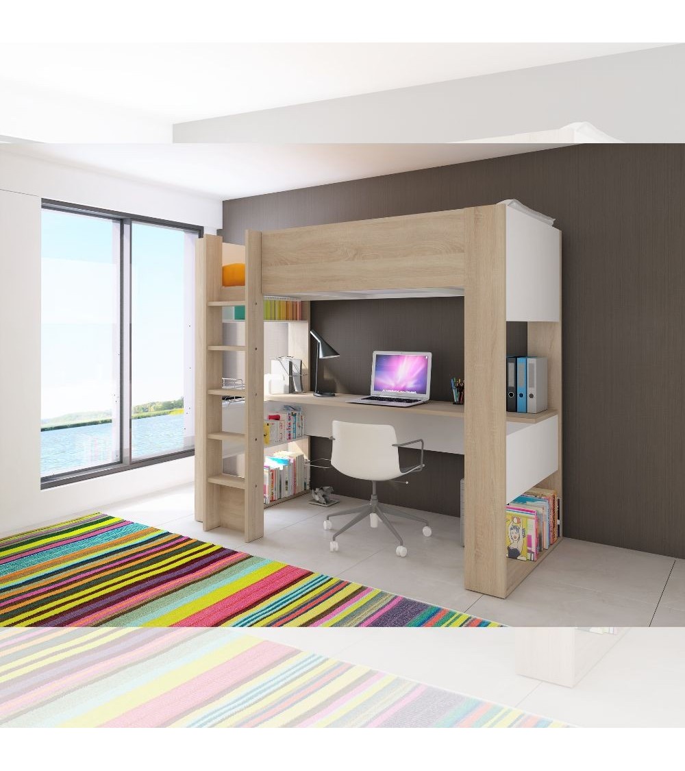 Cameretta 1652 con letto a soppalco e scrivania sottostante colore bianco e rovere