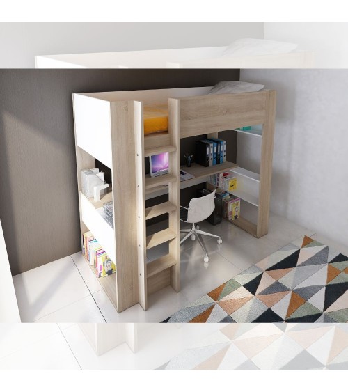 Cameretta 1652 con letto a soppalco e scrivania sottostante colore bianco e rovere