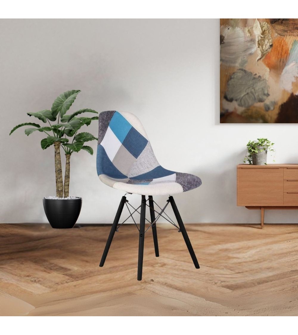 Sedia Perdita in tessuto patchwork con gambe in legno con supporto in metallo nero set 4 pezzi