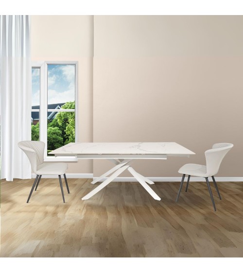 Tavolo allungabile Nefti con top in ceramica colore bianco statuario lucido con gambe bianche