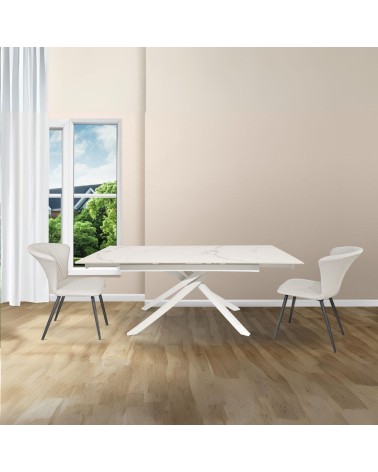 Tavolo allungabile Nefti con top in ceramica colore bianco statuario lucido con gambe bianche