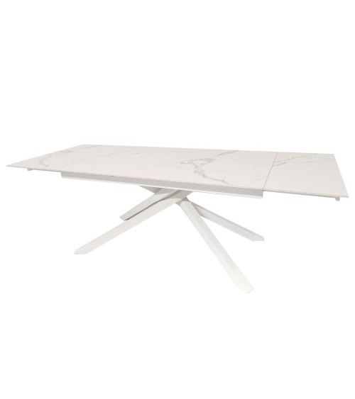 Tavolo allungabile Nefti con top in ceramica colore bianco statuario lucido con gambe bianche