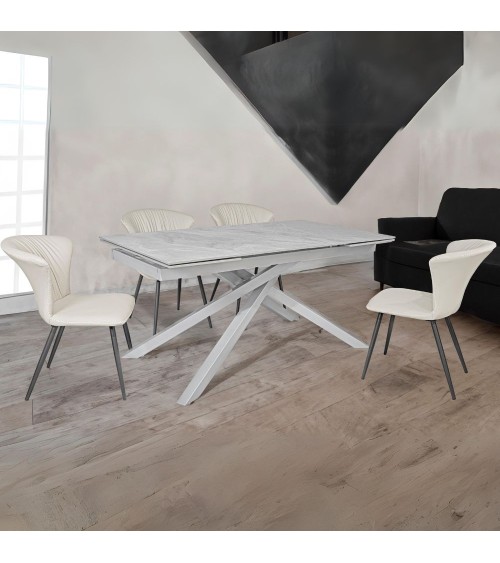 Tavolo allungabile Nefti con top in ceramica colore grigio chiaro italiano lucido con gambe argento