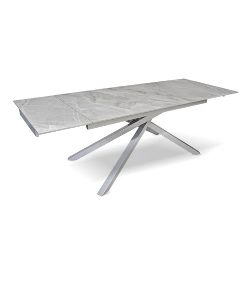 Tavolo allungabile Nefti con top in ceramica colore grigio chiaro italiano lucido con gambe argento