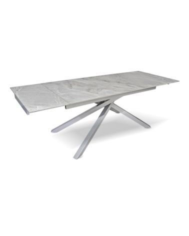 Tavolo allungabile Nefti con top in ceramica colore grigio chiaro italiano lucido con gambe argento