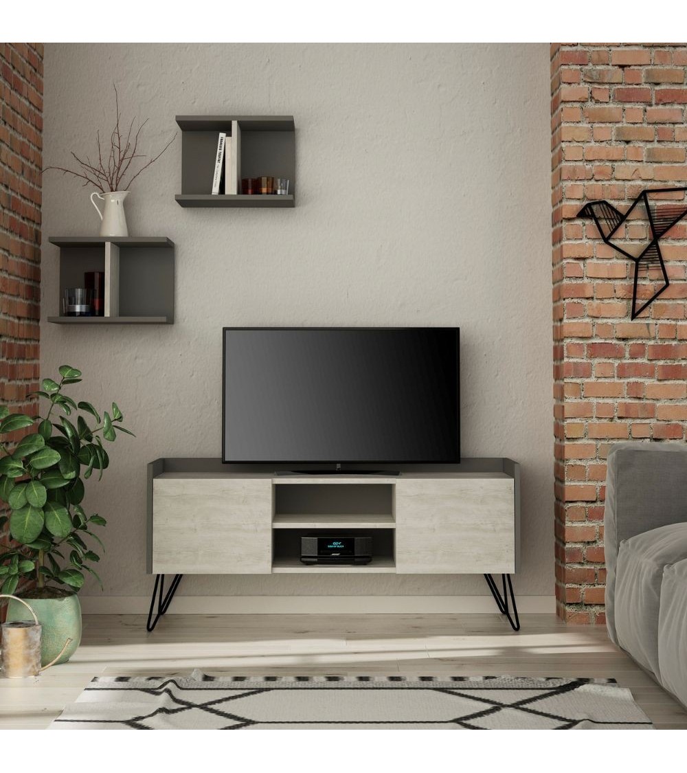 Porta TV Klappe antracite con ante bianche vintage e due mensole