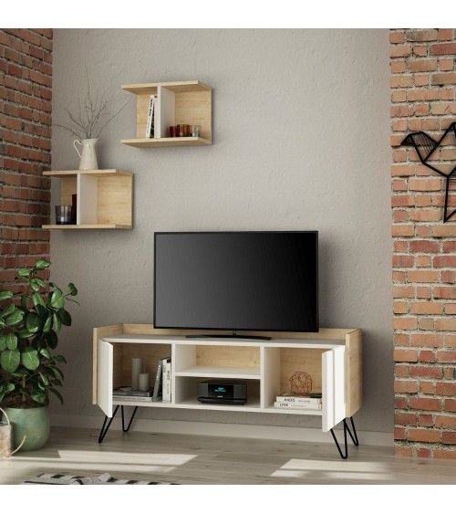 Porta TV Klappe rovere con ante bianche e due mensole