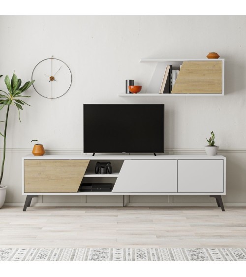 Porta tv Fiona bianco con anta rovere e mensola