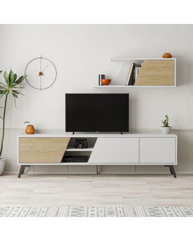 Porta tv Fiona bianco con anta rovere e mensola