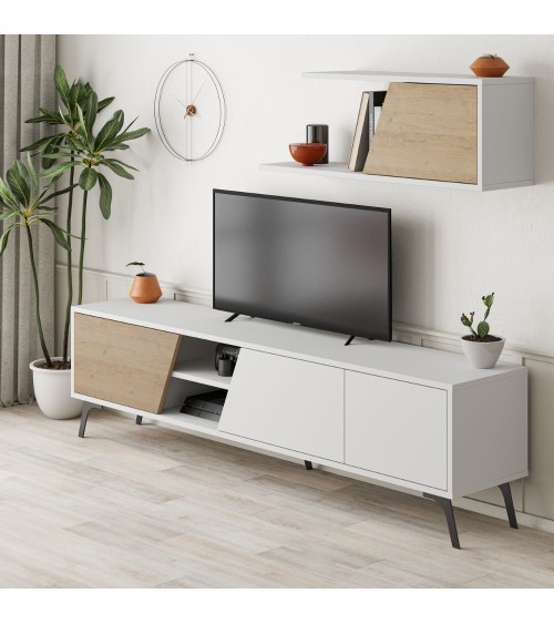 Porta tv Fiona bianco con anta rovere e mensola